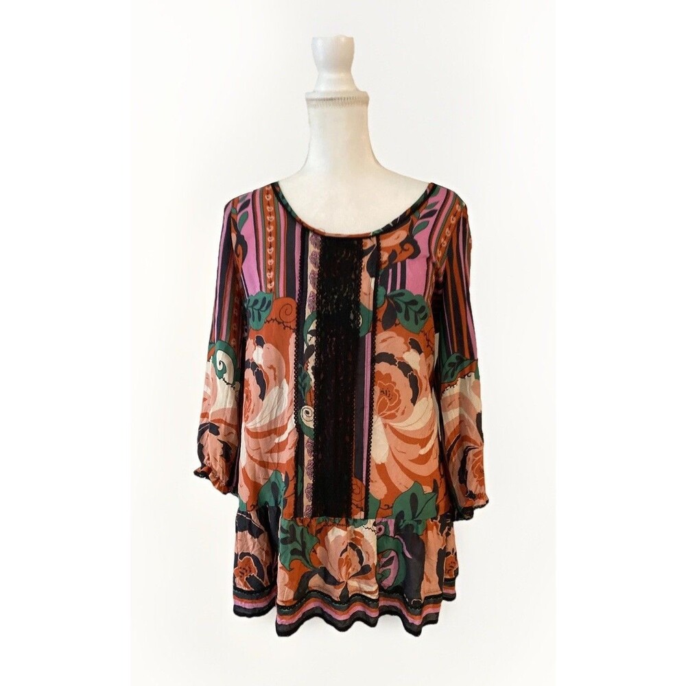 Anthropologie Odille Womens Size 10 Minted Melon Print Tunic Silk Lace Top